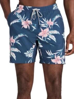 Faherty Men's Navy Blue Floral Swim Trunks medium